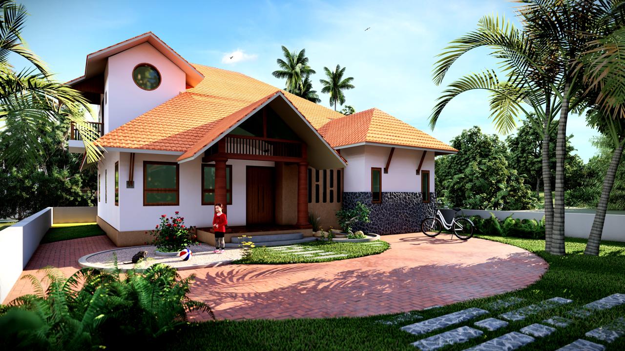 Contemporary Kerala homeWith Traditional Sloped Roof Architecture